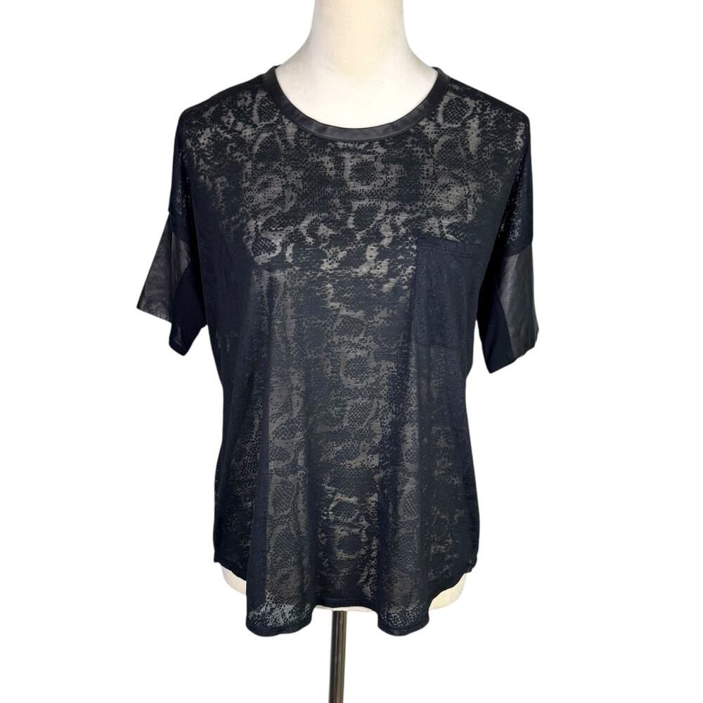 Rebecca Taylor | Snake Print Burnout Black Leather Trim Short Sleeve Sheer Top